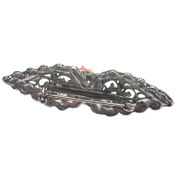 Vintage 60s-70s Pink Rose Bar Brooch Pin Oxidized - Picture 3 of 3